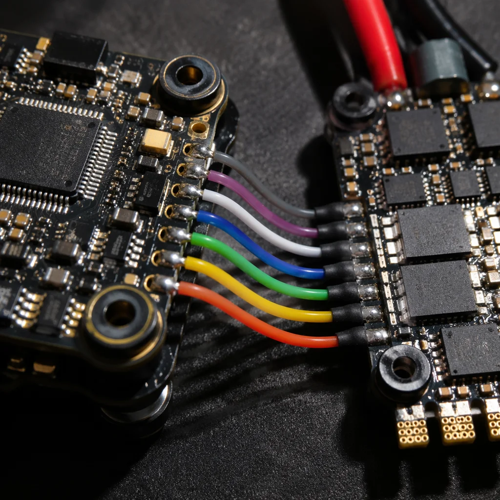 Flight controller and ESC connected on test board with oscilloscope probes and multi-meter for signal verification