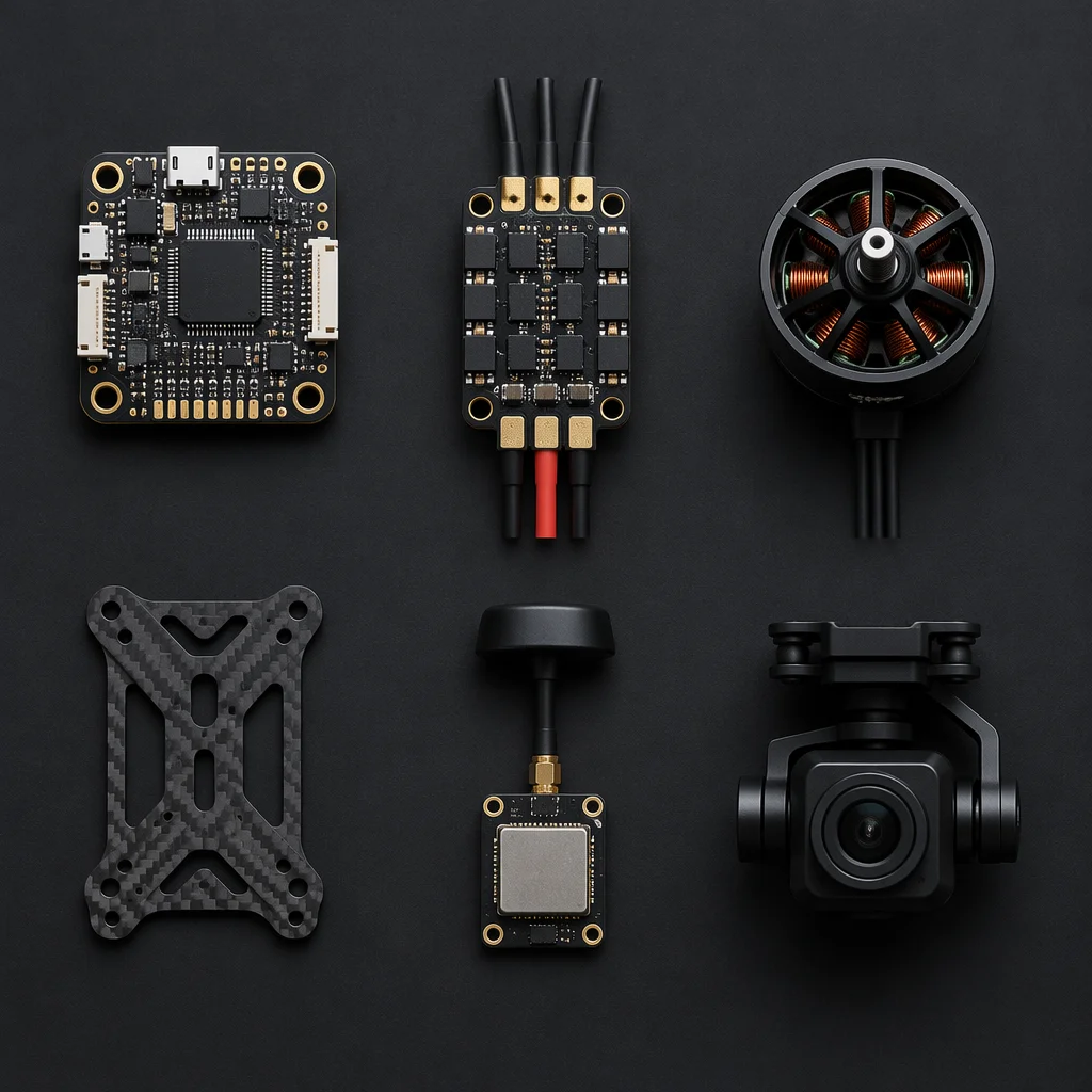 Flat lay arrangement of six UAV component layers — flight controller, ESC, motors, airframes, antennas, and camera gimbals