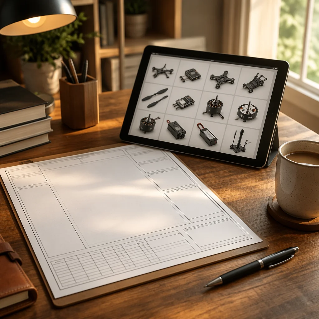 Engineering consultation workspace with UAV component reference sheets and mission profile brief