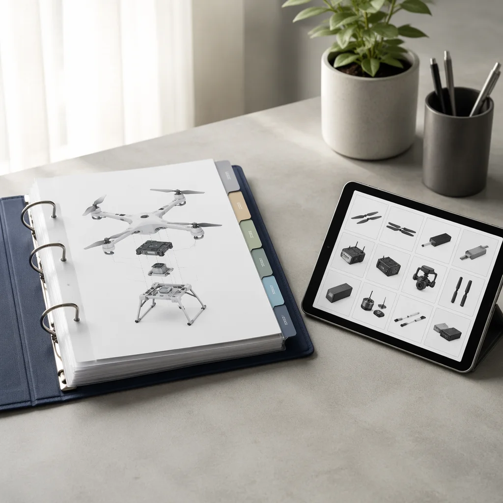 Engineering support workspace with UAV component reference guides and consultation setup