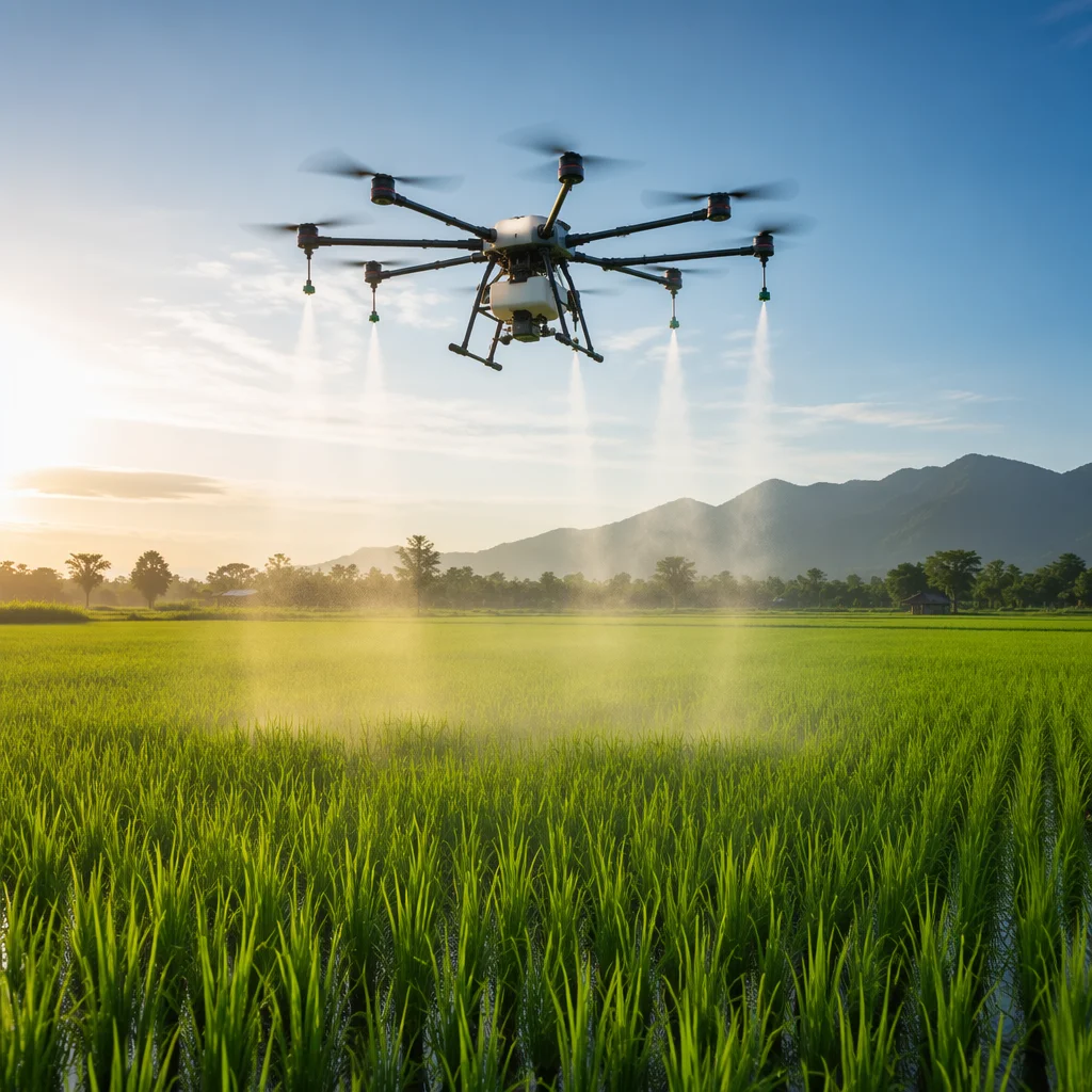 Heavy-lift agricultural octocopter spraying over rice paddy field