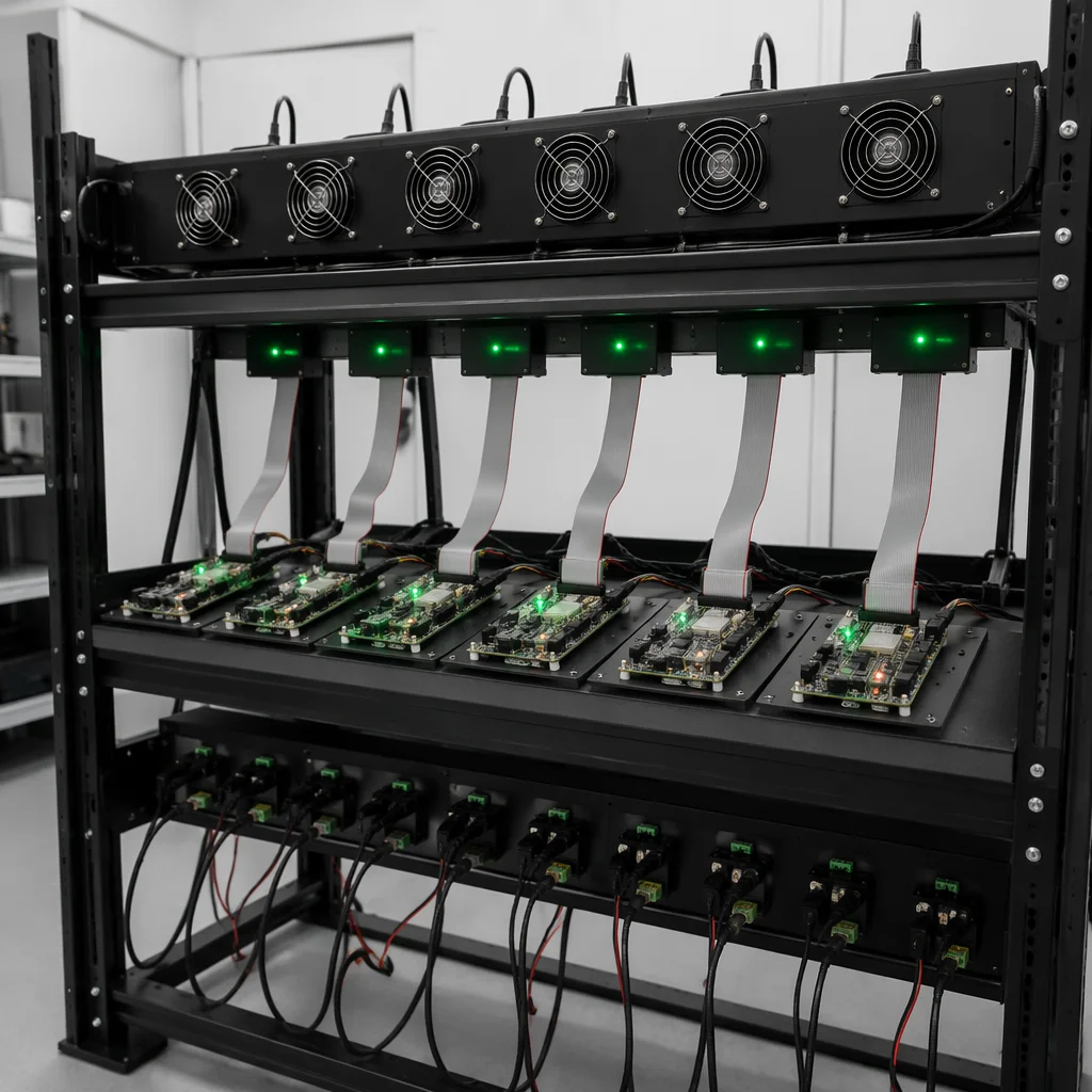 Electronics test rack with oscilloscope, power supply and custom UAV test harness