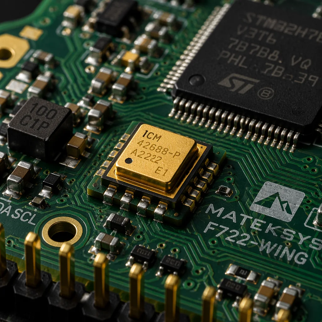 Conceptual UAV flight controller board with sensor and interface visualization