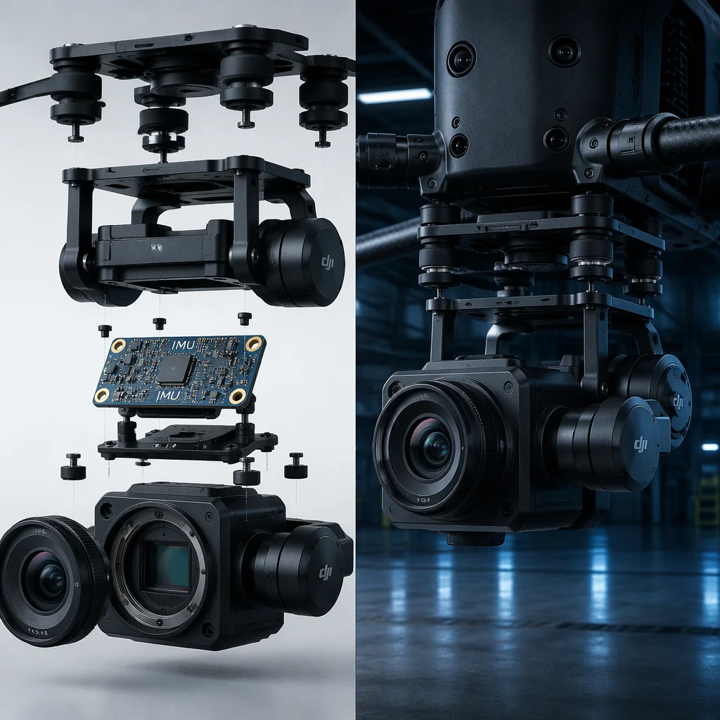 Conceptual UAV payload system with camera, gimbal and sensor integration visualization