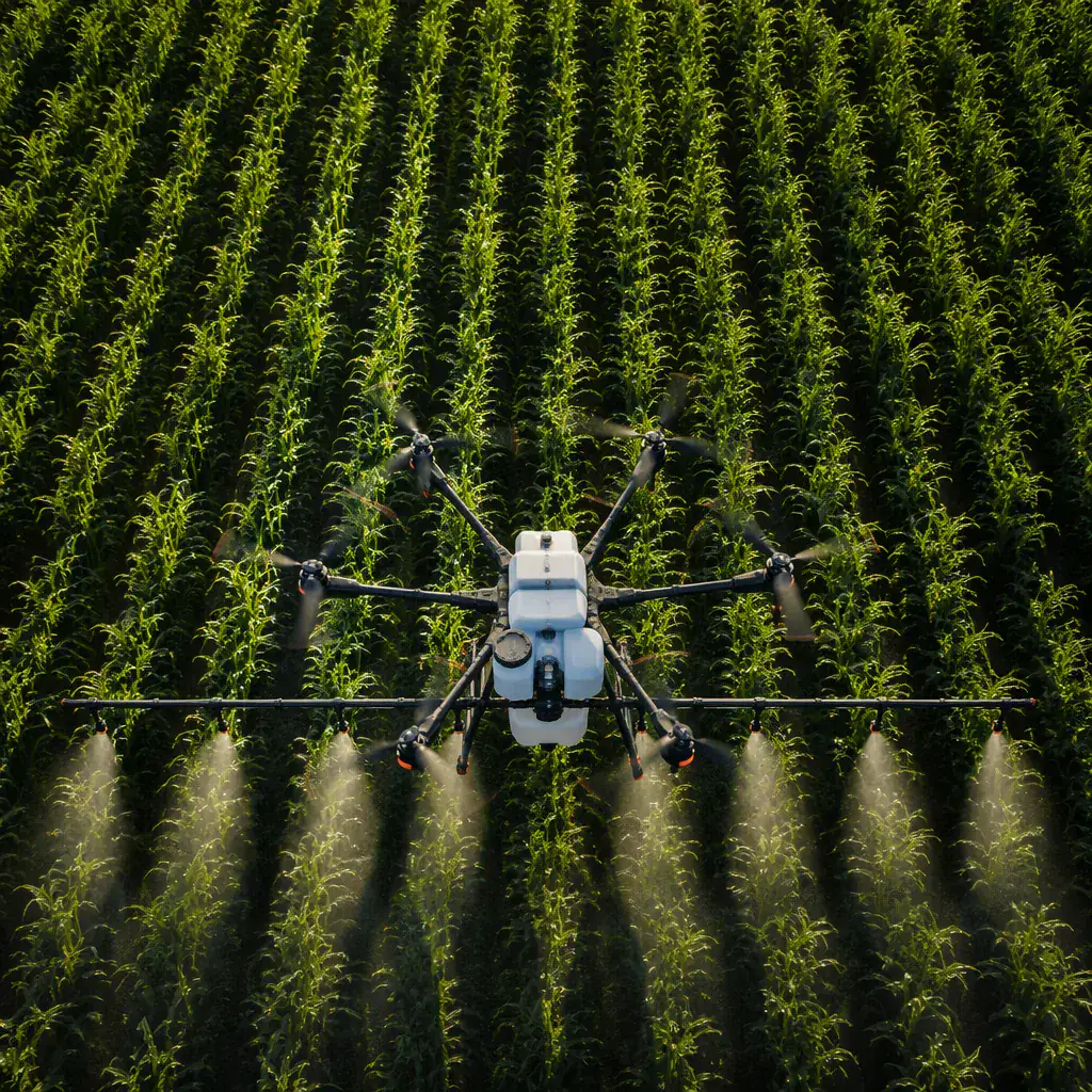 Conceptual agricultural spraying drone flying low over a green crop field with spray boom visible