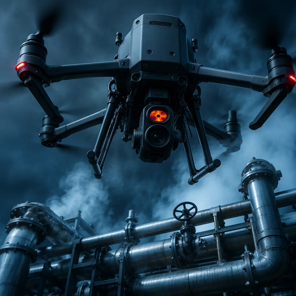 Conceptual drone inspecting a high-voltage power transmission tower with thermal camera payload