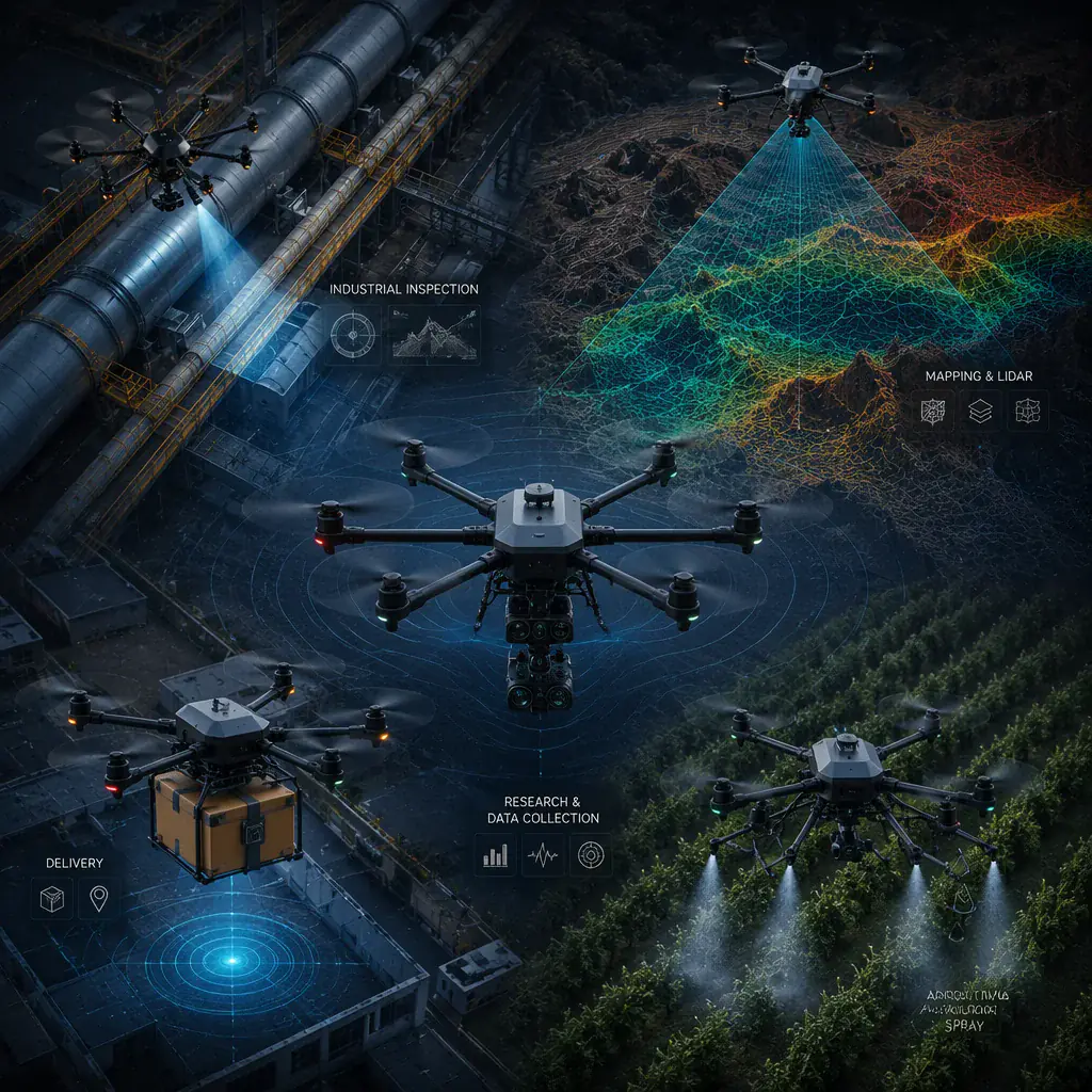 Conceptual UAV industrial application landscape showing inspection, mapping and logistics scenarios